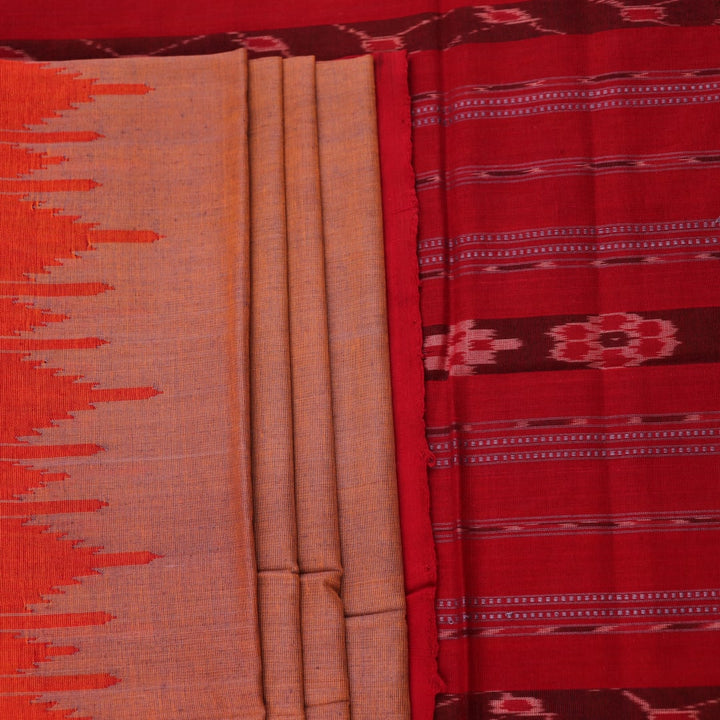 Handloom multi-color red plain Sambalpuri cotton saree, full product view.