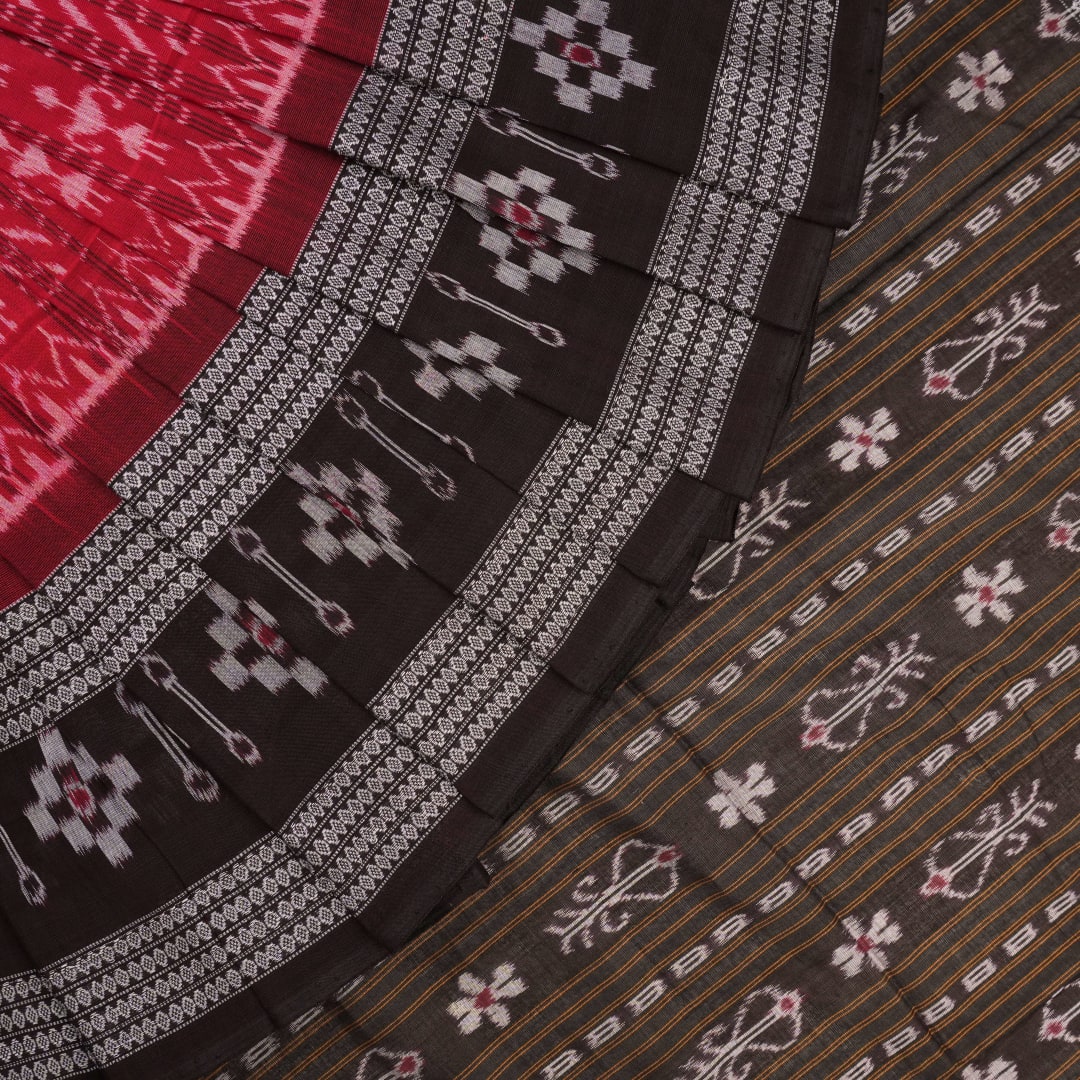 Full layout of a red and black Sambalpuri cotton saree displaying the overall body and pallu design.