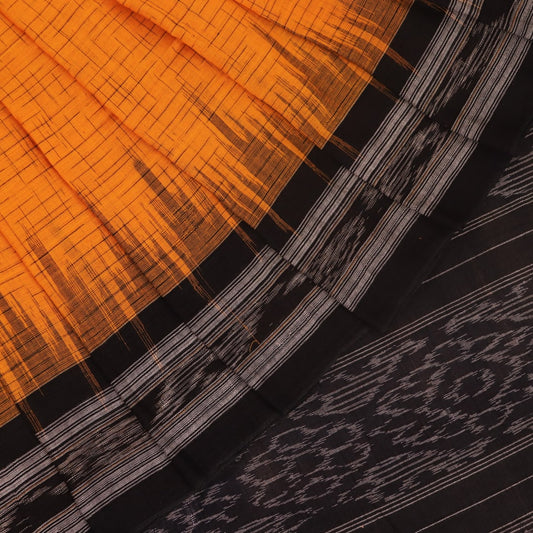 Styling view of a plain yellow and black Sambalpuri cotton saree, highlighting its elegant drape.