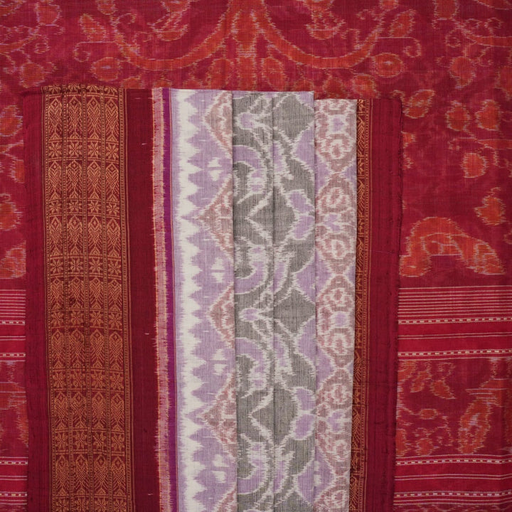 Full layout of a multi-color and maroon Sambalpuri cotton saree displaying the complete design and pallu.