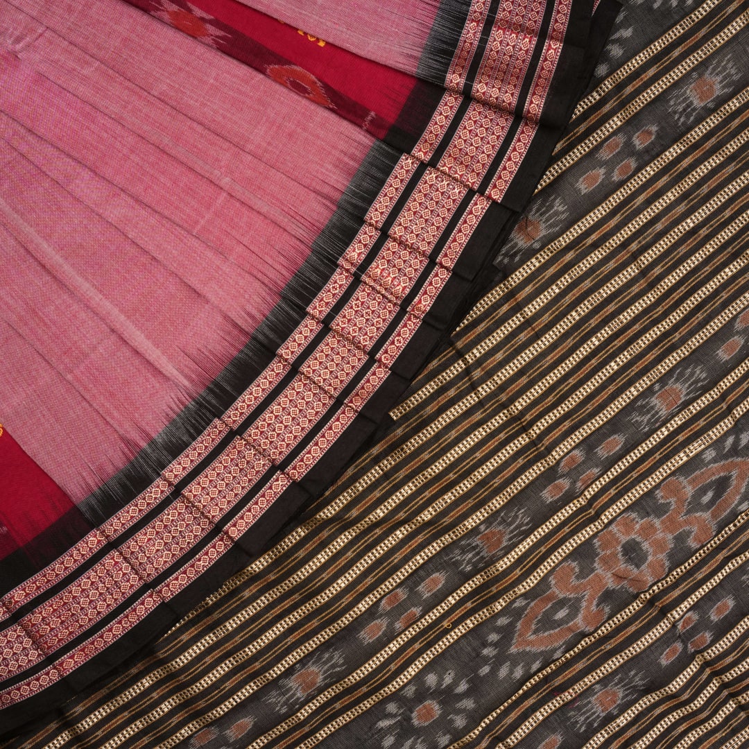 Full layout of the black and multi-color striped Sambalpuri cotton saree showing entire design