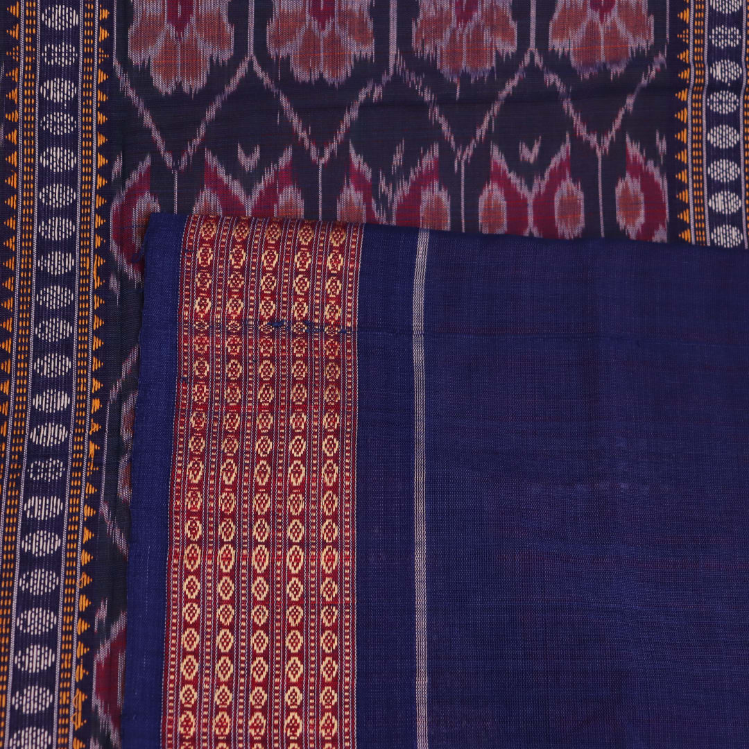 Red Bomkai cotton saree with purple butta pattern, displayed full length.
