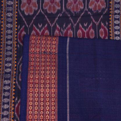 Red Bomkai cotton saree with purple butta pattern, displayed full length.