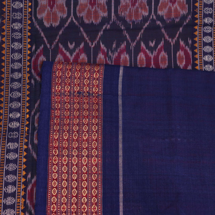Red Bomkai cotton saree with purple butta pattern, displayed full length.