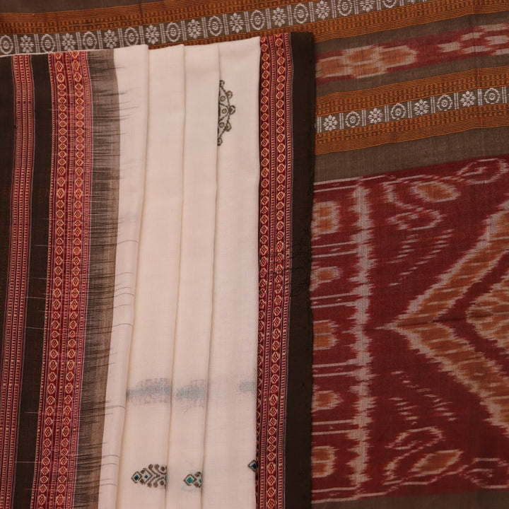 Full view of an elegant white cotton Bomkai handloom saree featuring a brown butta pattern.