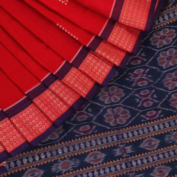 Red Bomkai cotton saree with purple butta pattern, displayed full length.