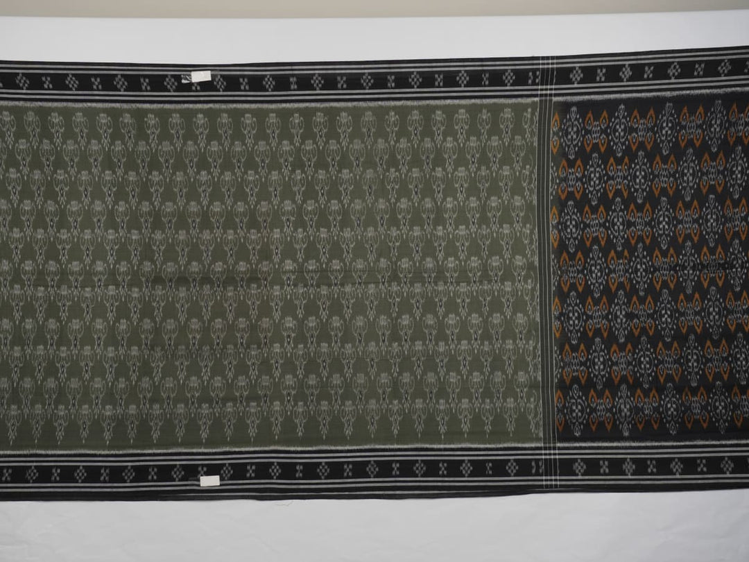 Elegant model drape of the grey and black Sambalpuri cotton saree showcasing traditional handloom motifs.