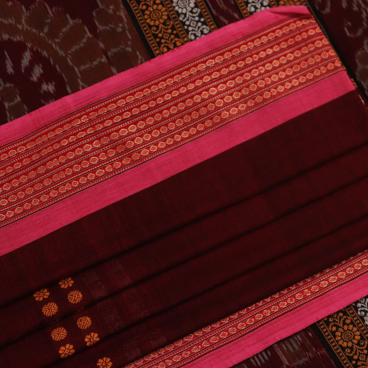 Full view of maroon cotton Bomkai saree with pink butta weave