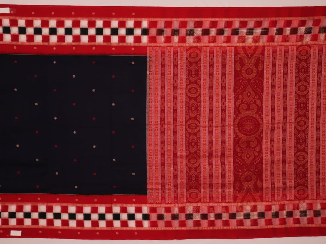 A full-length view of a vibrant blue Sambalpuri cotton saree with Pasapalli pattern and a contrasting red border.