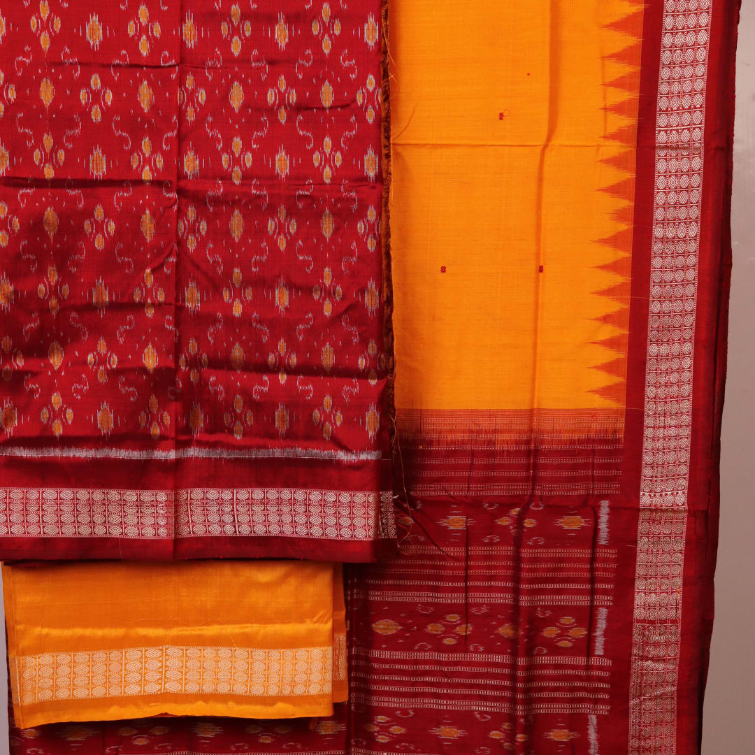 Maroon and Yellow Sambalpuri Silk Dress Material blouse piece with motifs.