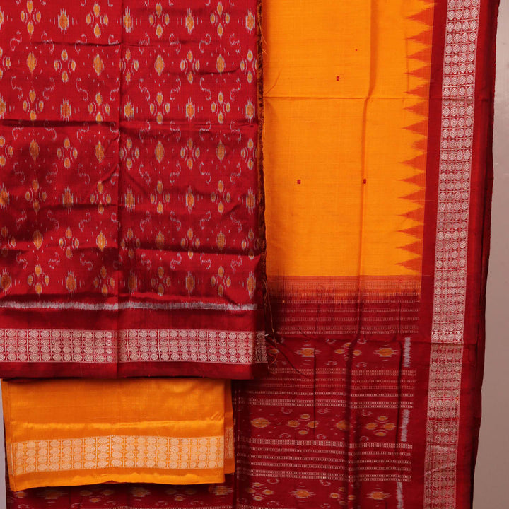 Maroon and Yellow Sambalpuri Silk Dress Material blouse piece with motifs.
