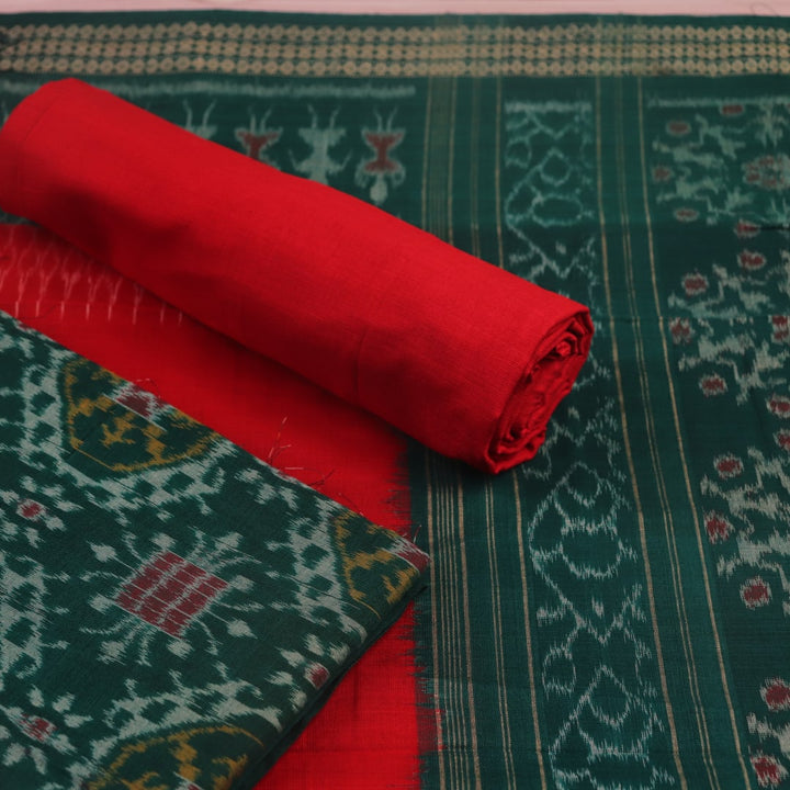 Green & red motif blouse piece detail for Sambalpuri cotton dress material.