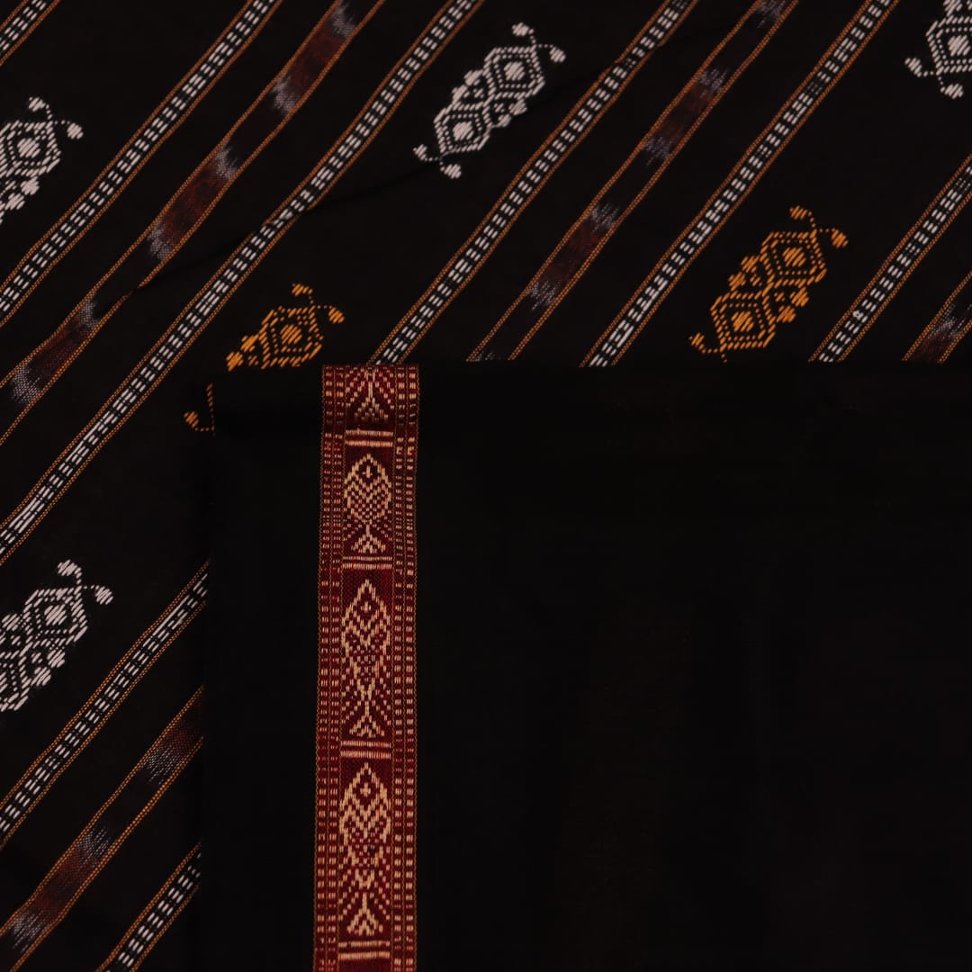 Full view of a pink and black Bomkai cotton saree with a butta pattern and intricate border.