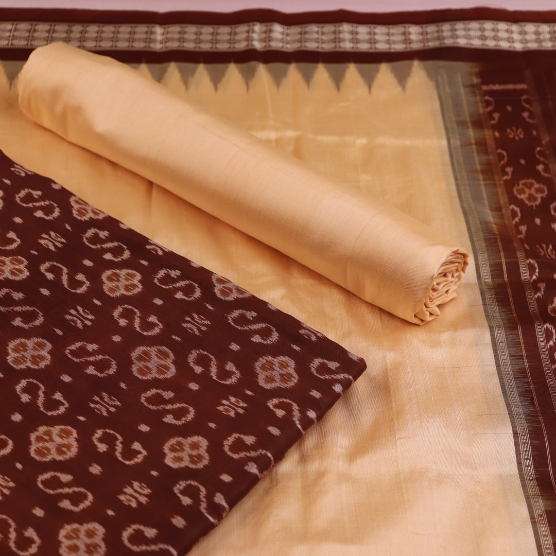 Brown Cream Sambalpuri Silk Dress Material