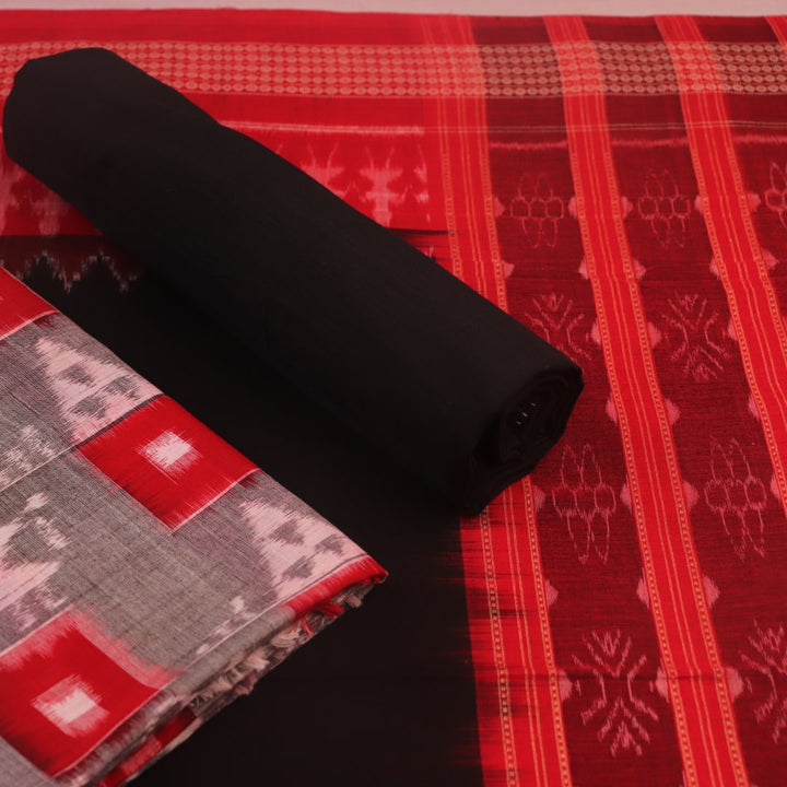 Detail of the grey and black Sambalpuri cotton dress material's blouse piece with motifs.