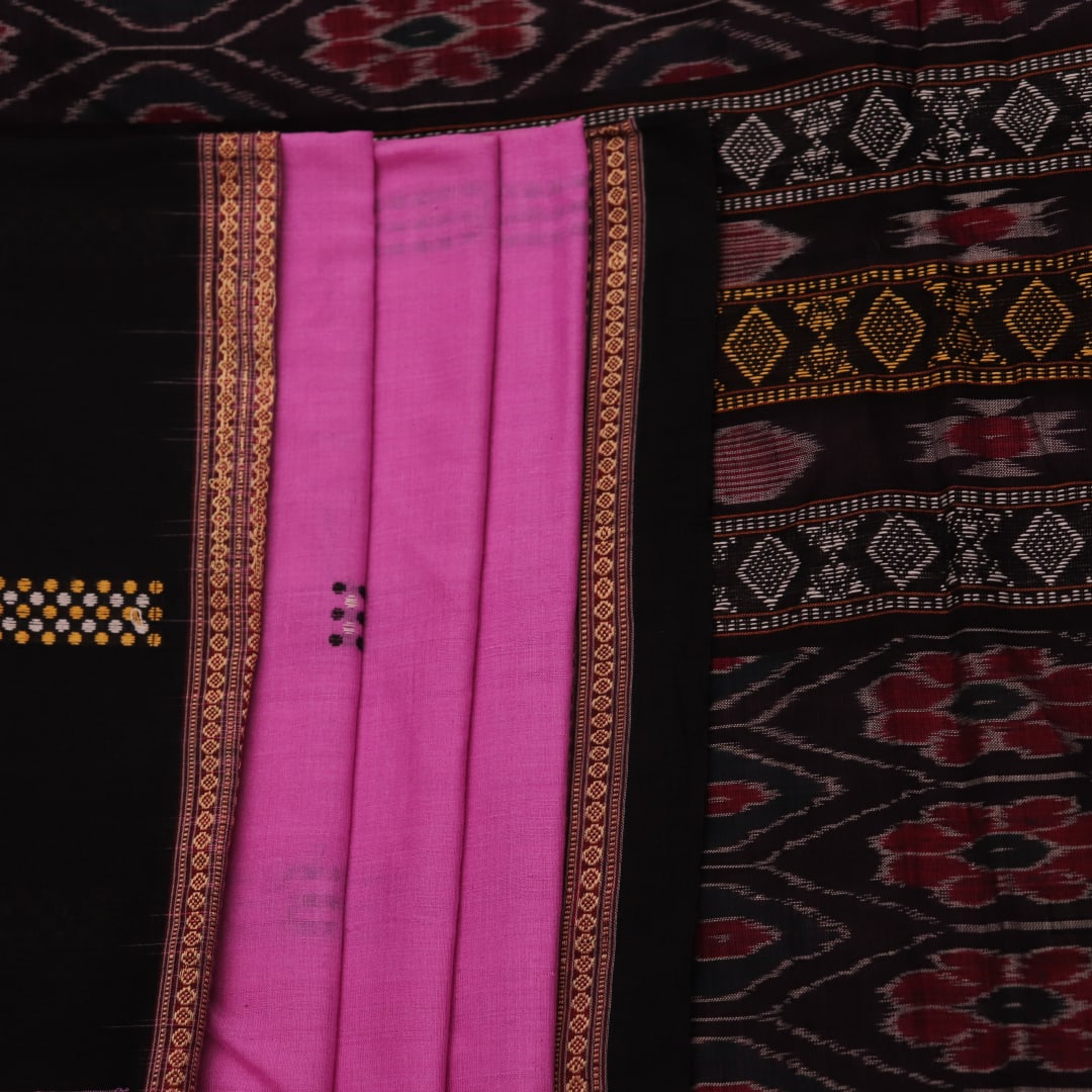 Full-length view of a pink Bomkai cotton saree featuring black butta patterns.