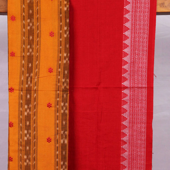 Yellow and red cotton Sambalpuri dress material with embroidered motifs on body