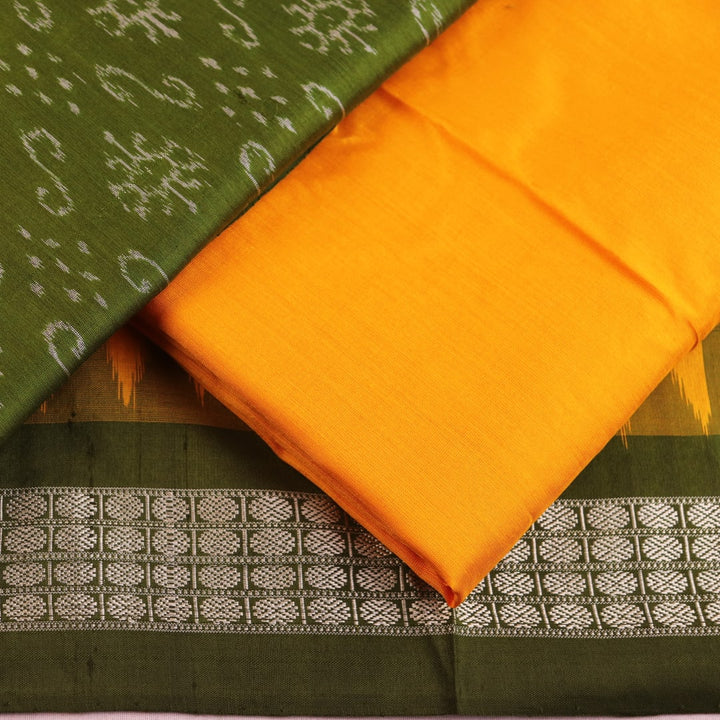 Handloom Sambalpuri green silk dress material blouse piece with yellow motifs.