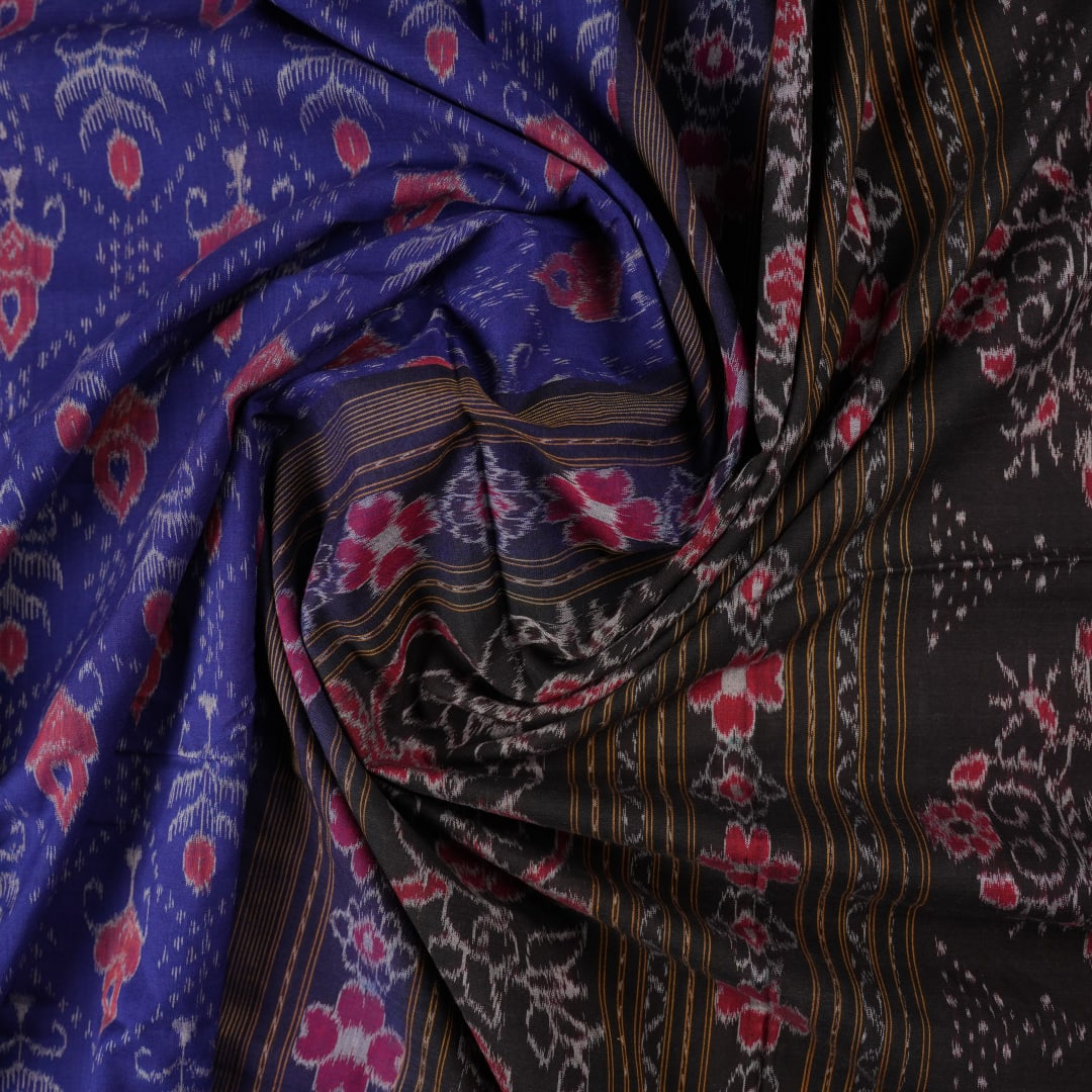 Full layout view of the blue and black Sambalpuri cotton saree displaying body patterns and border.
