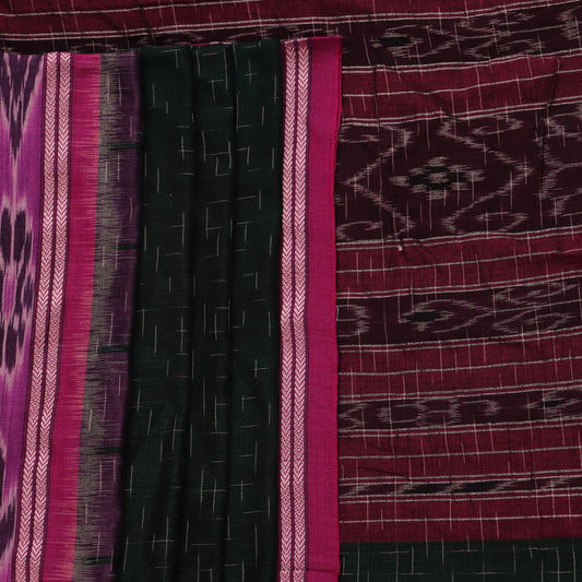 A model drapes an elegant green and magenta Sambalpuri cotton saree with a Pasapalli pattern, showcasing its intricate design and flowing form.