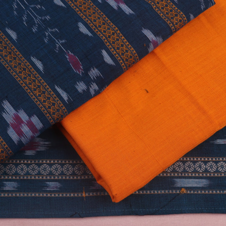 Close-up of the blue and yellow Sambalpuri cotton dress material blouse piece with motifs.