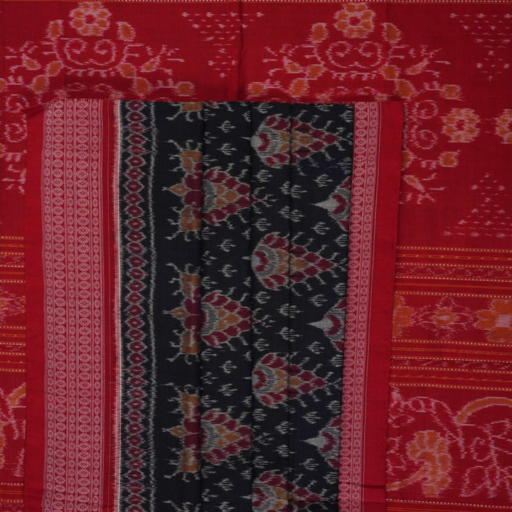 Full flat layout of a black and red Sambalpuri cotton saree showing the complete design, pallu, and border.