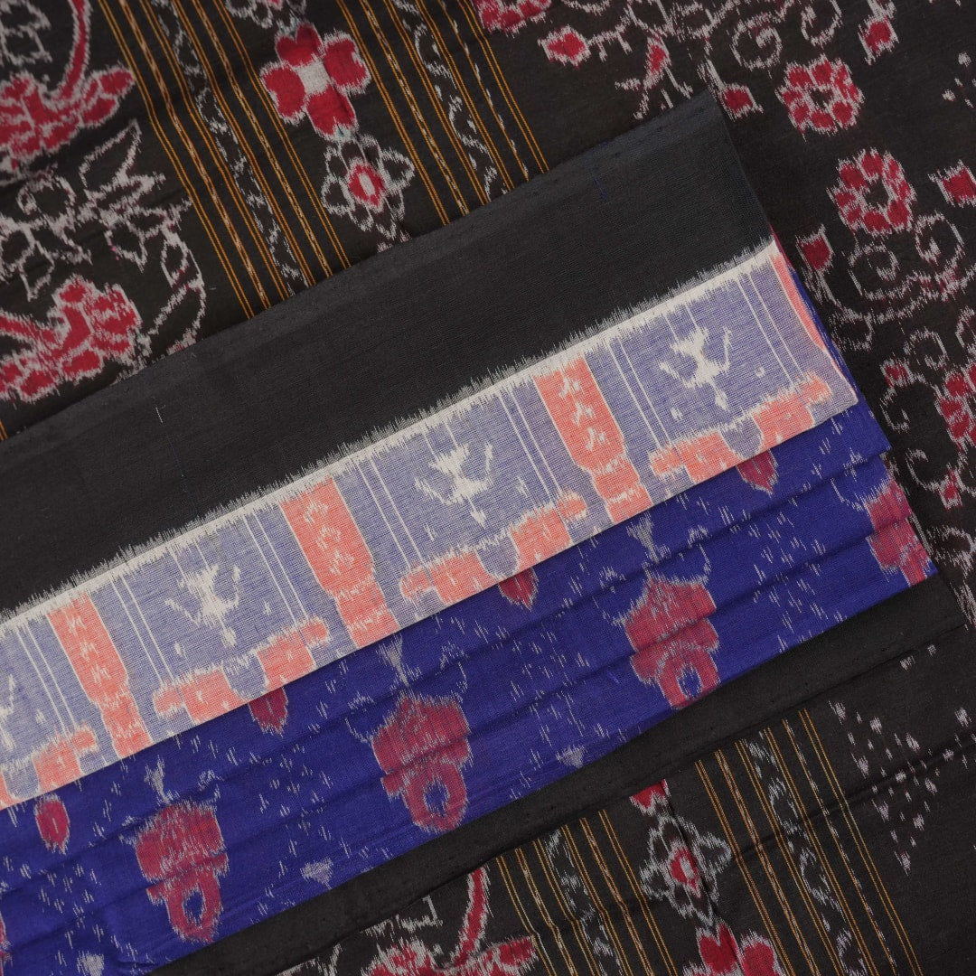 Full layout view of the blue and black Sambalpuri cotton saree displaying body patterns and border.