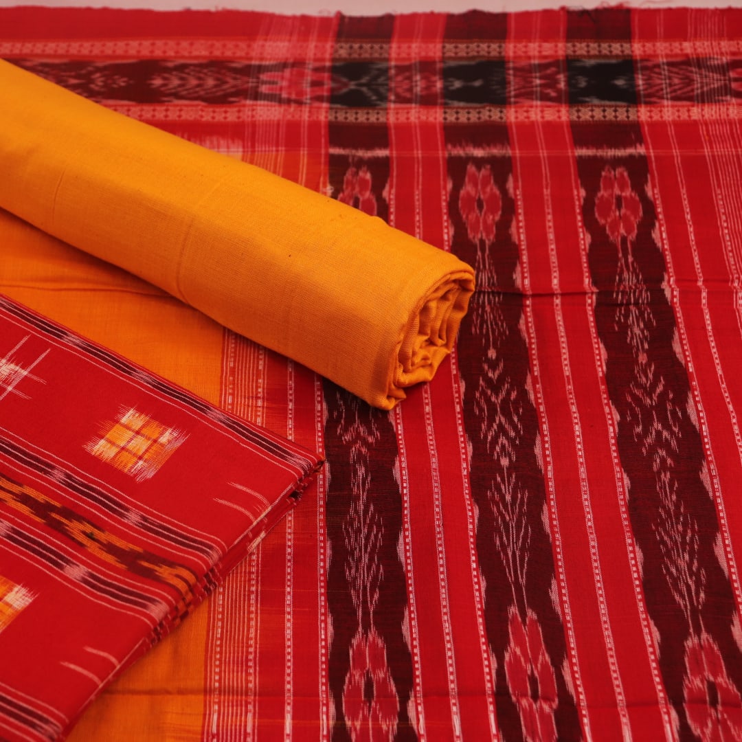 Close-up of the red and yellow Sambalpuri Pasapalli cotton blouse piece.