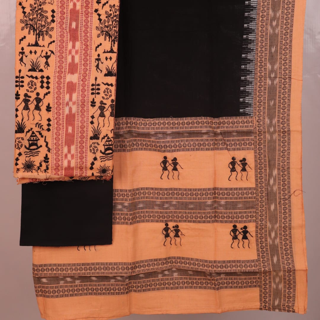 Detail of the Sambalpuri cotton dress material's blouse piece, featuring black and cream motifs.
