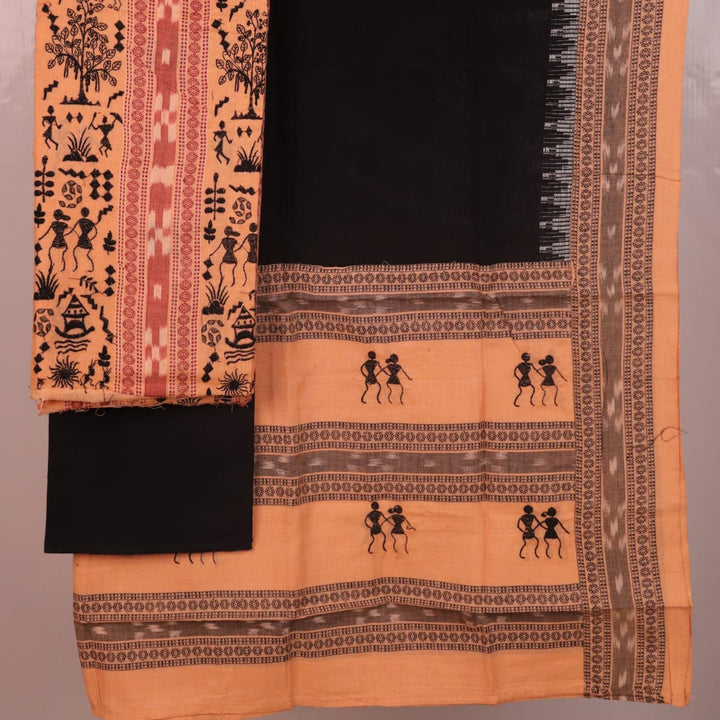 Detail of the Sambalpuri cotton dress material's blouse piece, featuring black and cream motifs.
