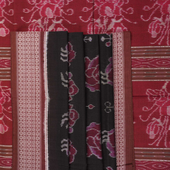 Full layout of the black and brown Sambalpuri cotton saree displaying motifs across the body and pallu.