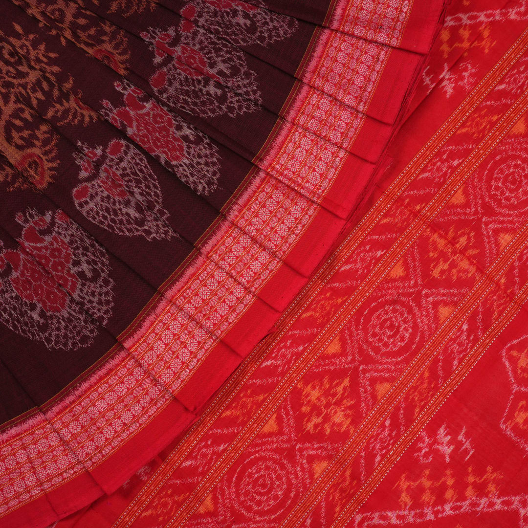 Handloom Maroon Sambalpuri Cotton Saree with Red border