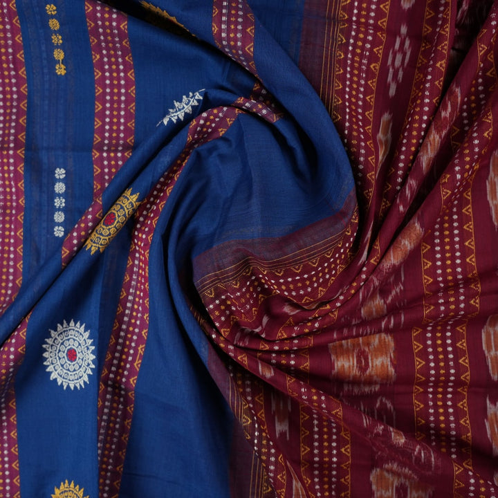 Full layout of the blue and maroon Bomkai cotton saree revealing the complete butta pattern and contrast border.