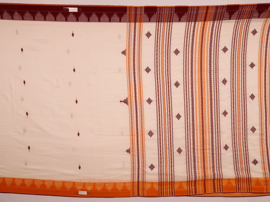 Full view of an exquisite cotton saree with intricate butta pattern in off-white and yellow.