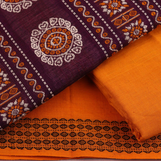 Purple Butta Bomkai Cotton Dress Material with Yellow Border