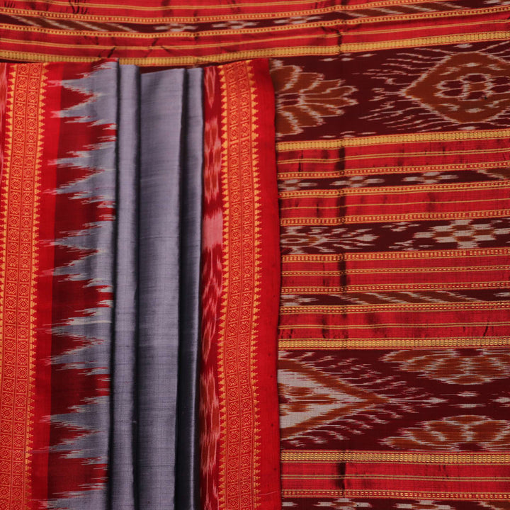 Grey Khandua silk saree styled and draped, showcasing the plain body and red border.