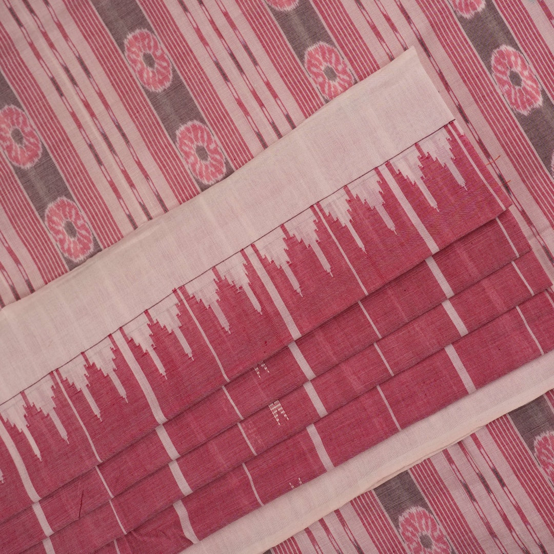 Full length view of a white and multi-color striped Sambalpuri cotton saree showing the complete design.