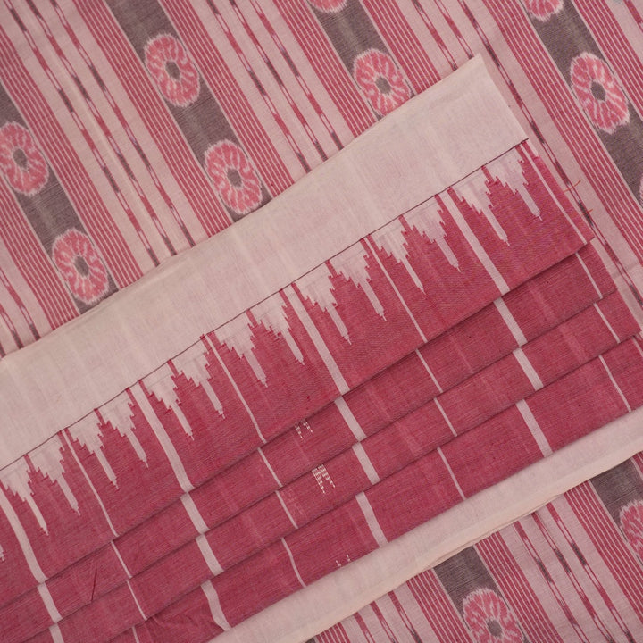 Full length view of a white and multi-color striped Sambalpuri cotton saree showing the complete design.