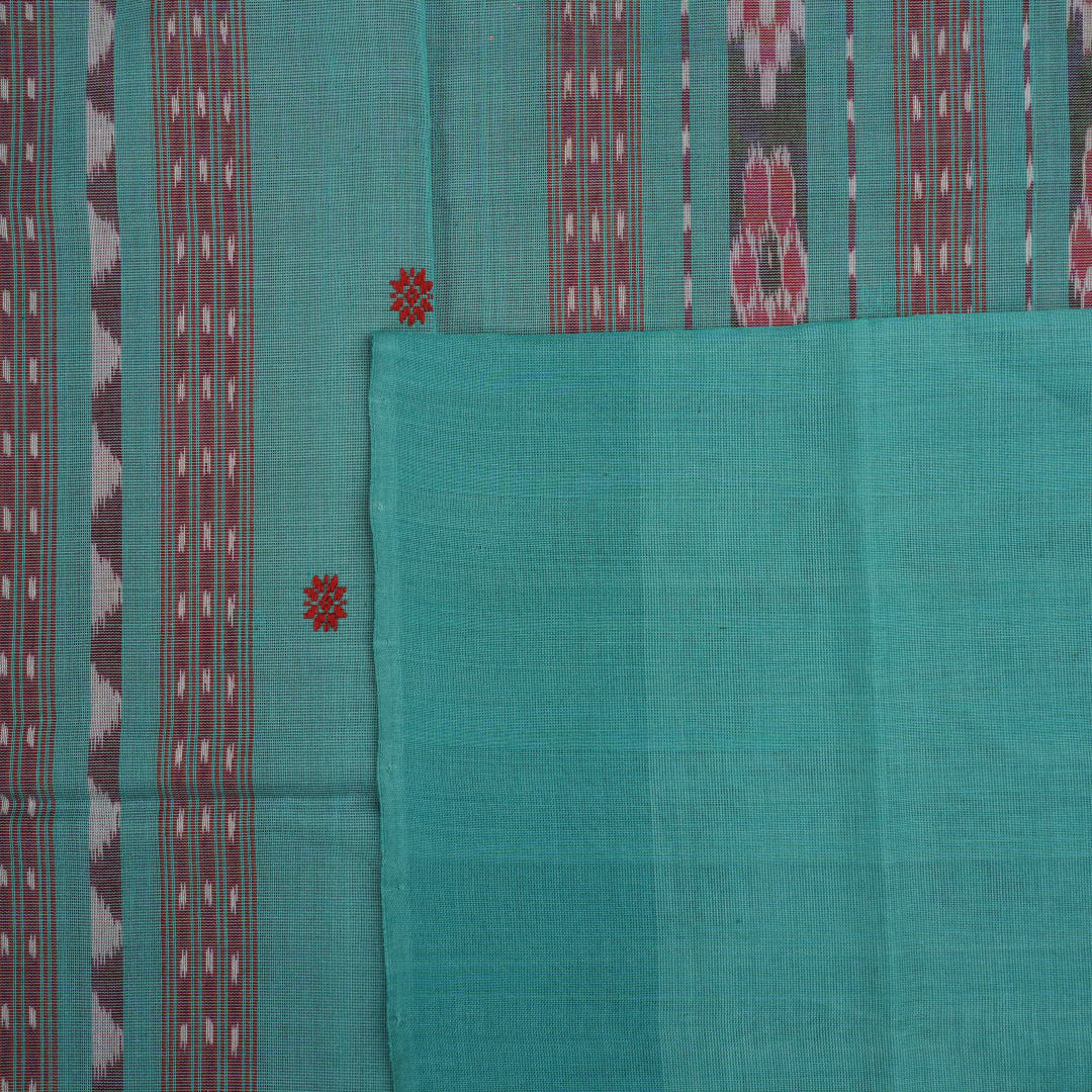 Full flat layout view of the red and green Sambalpuri cotton saree showcasing the butta pattern and borders.