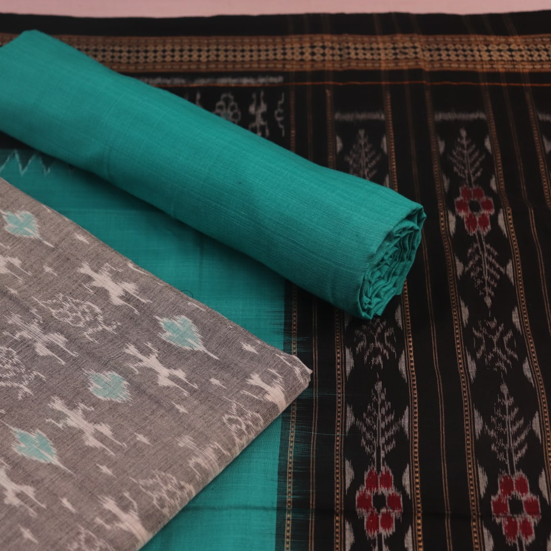 Sambalpuri cotton dress material blouse piece in grey with green motifs.