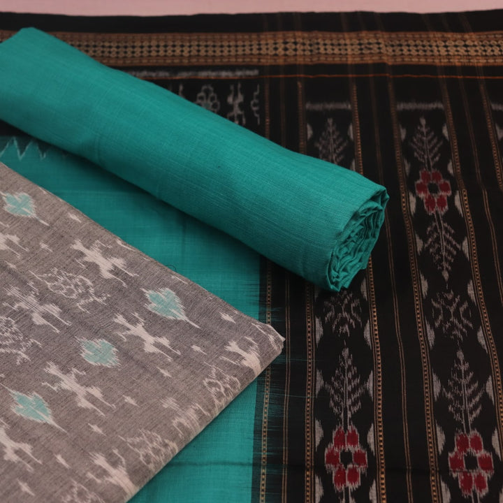 Sambalpuri cotton dress material blouse piece in grey with green motifs.