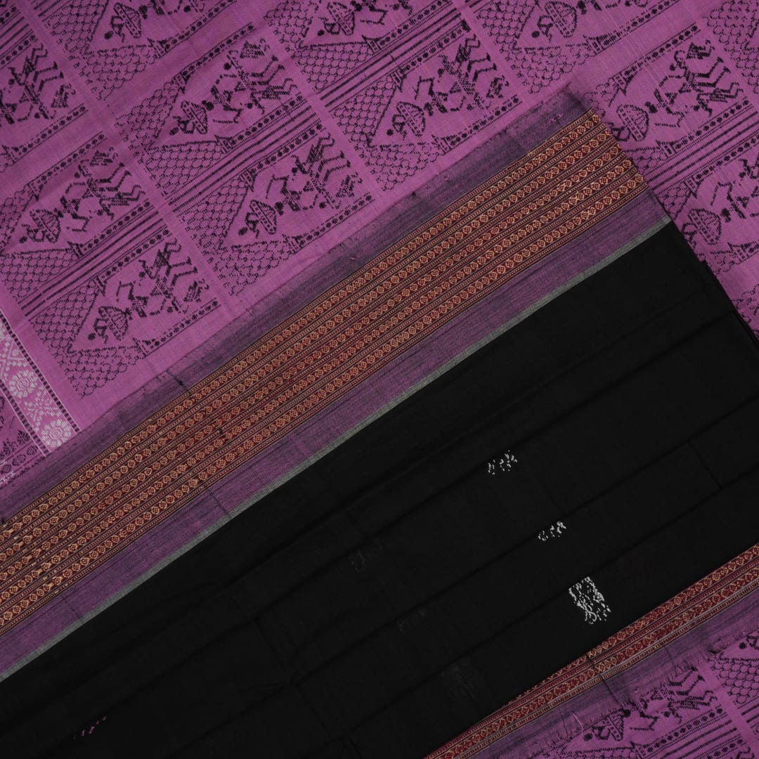 Full flat layout of the black and pink Bomkai cotton handloom saree showcasing the body and pallu.