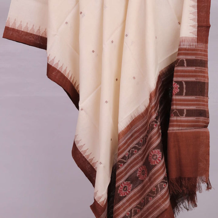 White and Brown Cotton Sambalpuri Dupatta with Butta Pattern, Draped and Styled