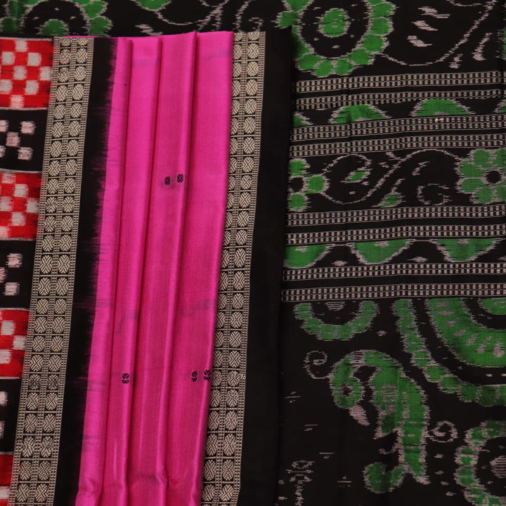 Close-up view of intricate Pasapalli pattern on a shimmering pink and black Sambalpuri silk saree