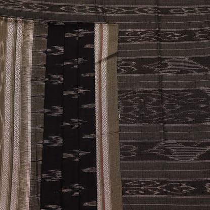 Saree styled; black Sambalpuri cotton saree with grey motifs showcased in a draped presentation.