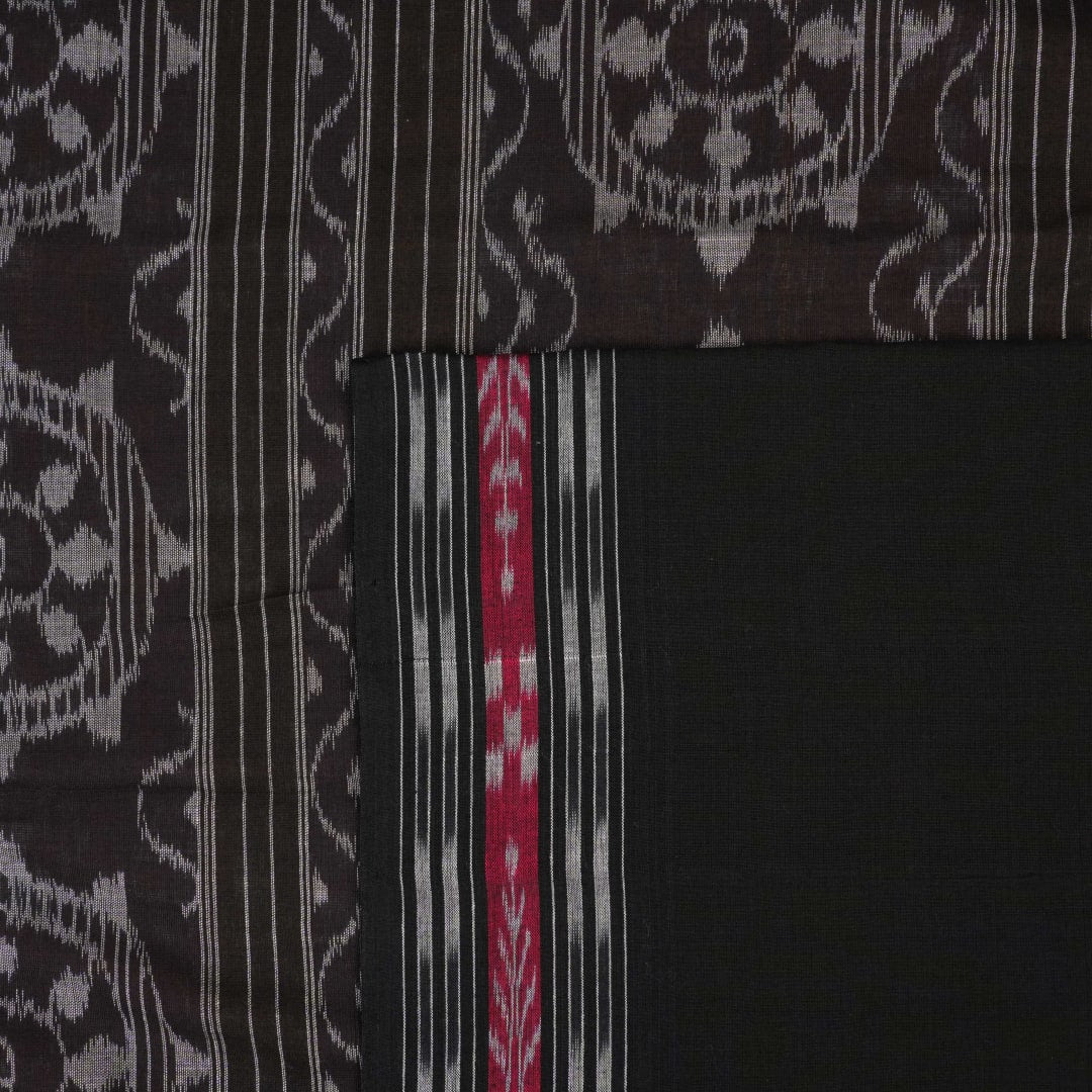 Full layout of the brown and black Sambalpuri cotton saree displaying the complete body and pallu design.