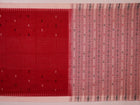 Full view of a red and white Sambalpuri cotton saree with all-over butta pattern.