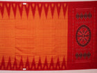 Draped plain yellow Sambalpuri cotton saree with red border.