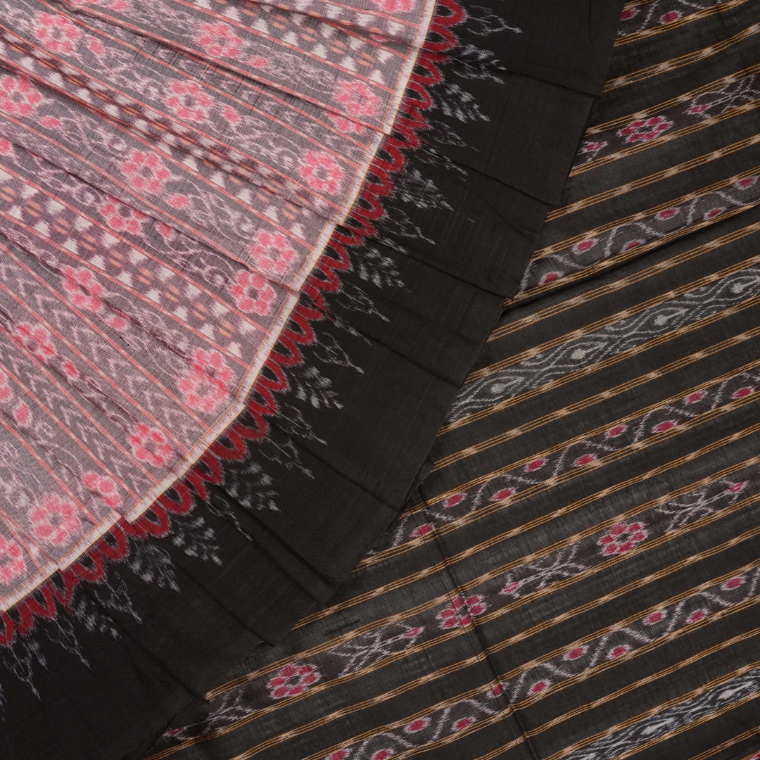 Full layout of the grey and black Sambalpuri cotton saree showcasing the complete weave and design.
