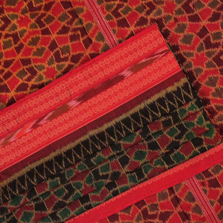 Full layout of red multi-color Sambalpuri cotton saree showcasing the overall ikat pattern and pallu design.